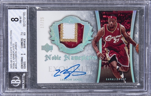 2005-06 UD "Exquisite Collection" Noble Nameplates #NNLJ LeBron James Signed Game Used Patch Card (#17/25) - BGS NM-MT 8/BGS 10